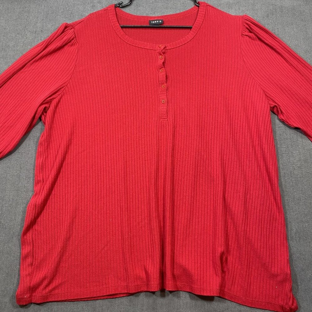Torrid Red Ribbed 3/4 Sleeve Button Henley Top Plus Size 4 Blouse Womens